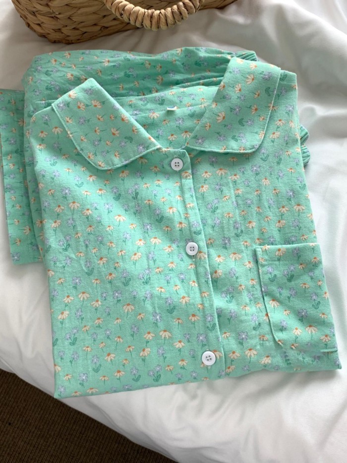 Retro Hoa Tươi Ngắn Tay Quần Short Bộ Đồ Ngủ Nữ Thích Hợp Ở Nhà Quần Áo Cotton Thoải Mái Bộ H