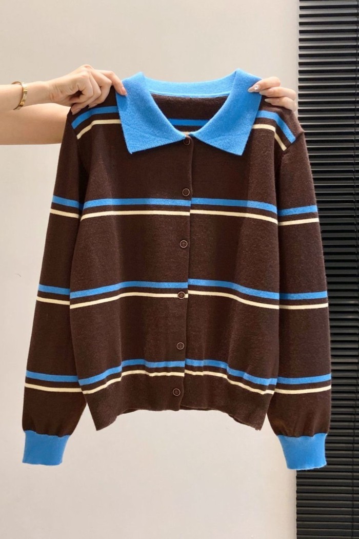 Áo len dệt kim dài tay có cổ POLO sọc tương phản cổ điển dành cho nữ trong mùa thu đông áo le