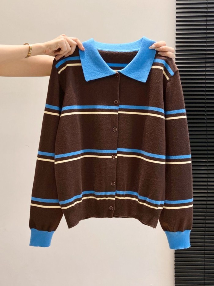 Áo len dệt kim dài tay có cổ POLO sọc tương phản cổ điển dành cho nữ trong mùa thu đông áo le