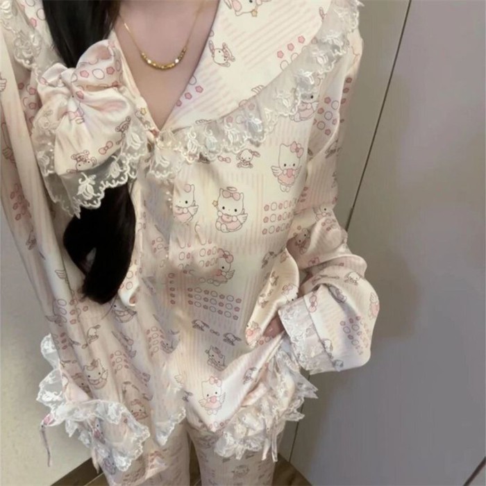 Bộ Đồ Ngủ Nữ Ice Silk Sweet Hello Kitty Tay Dài Quần Dài Thoải Mái Sinh Viên Ở Nhà Bộ Quần Áo