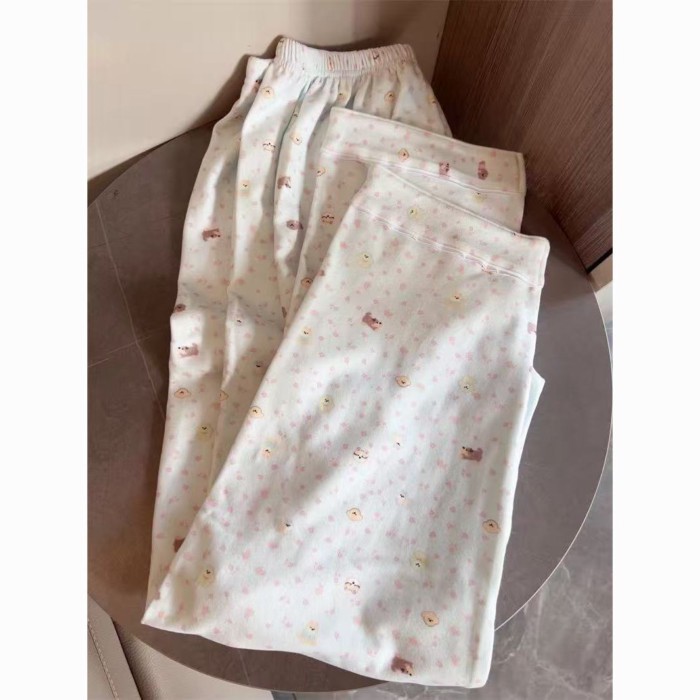 Bộ đồ ngủ màu trắng và xanh cô gái phong cách hoạt hình hoa cún con cotton dài tay và quần dà