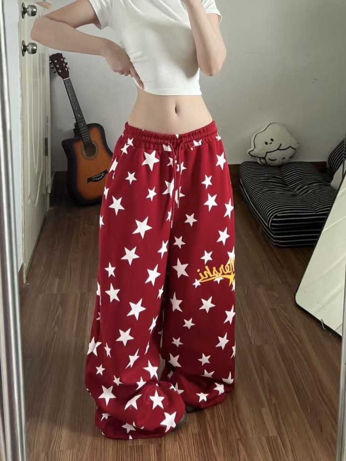 Retro American Style Lazy Star Printed Casual Pants For Women Summer New Loose Slimming High