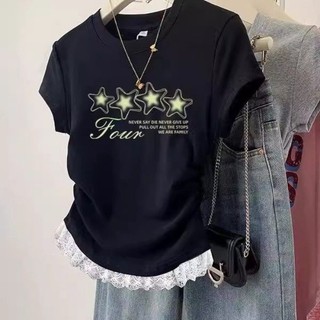Áo thun thời trang bé gái thiết kế ngắn tay thích hợp ren bé gái thời trang thường ngày