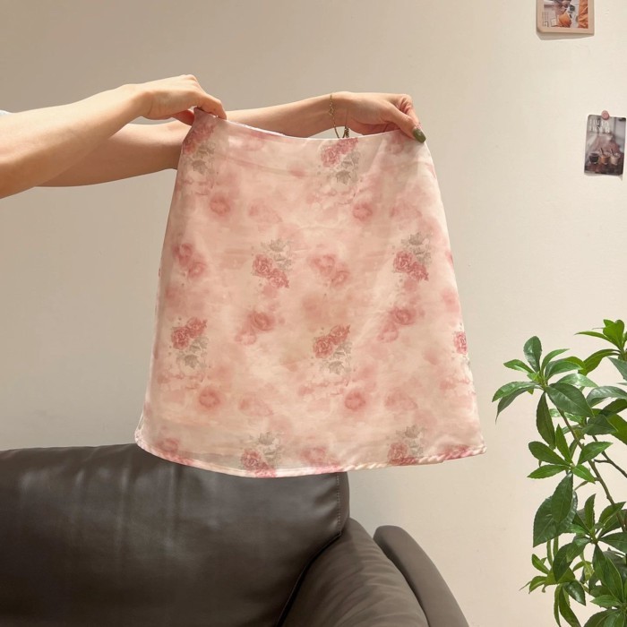 Korean Retro Floral Design Skirt For Women Summer New High-waist Slimming A-line Skirt