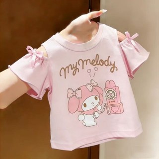 Áo thun trễ vai tay ngắn mùa hè cho bé gái hoạt hình dễ thương nơ ngọt ngào áo thun cotton phong cá