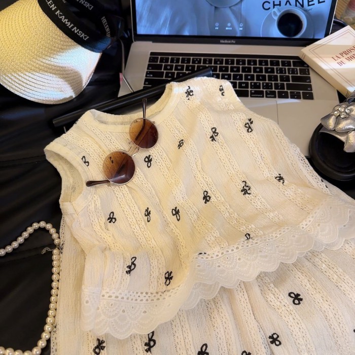 Summer New Style Girls' High-definition Lace Vest Suit Children's Korean Fashionable Top Casu