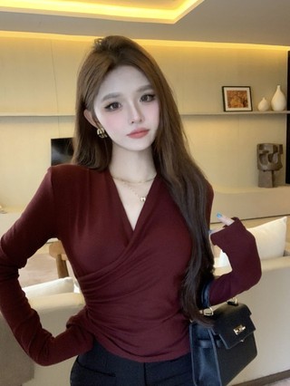 Thời Trang Đơn Giản Màu Trơn Cổ Chữ V Dài Tay Nữ Tính Slim Slim Xếp Ly Đáy Top Mùa Xuân Thu Đông