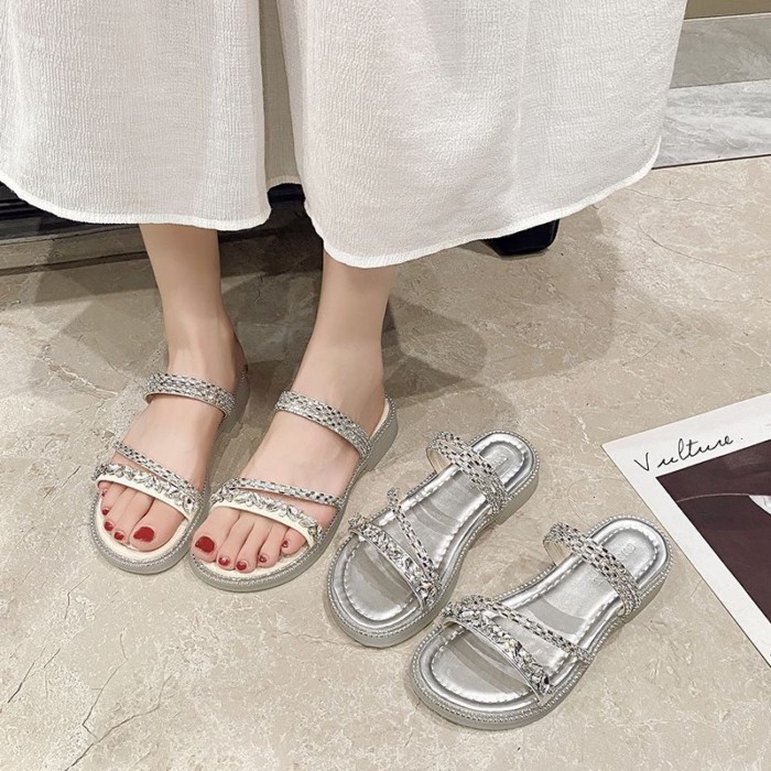 Dép đế bệt dành cho nữ để mặc như áo khoác ngoài với váy, đế mềm, kim cương giả tuyệt đẹp, dép và d