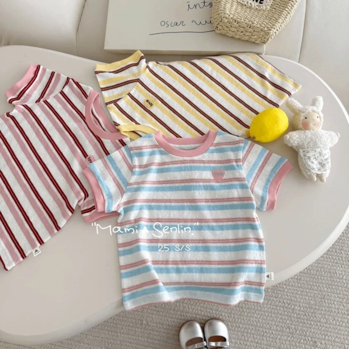 Áo thun ngắn tay bé gái mới, cotton Hàn Quốc thêu sọc, áo trẻ em sọc màu