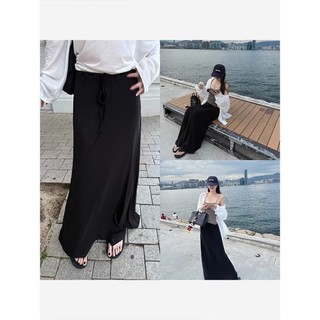 Váy màu xám cho nữ mùa hè phong cách mới dây rút eo cao váy thẳng dáng suông váy dài