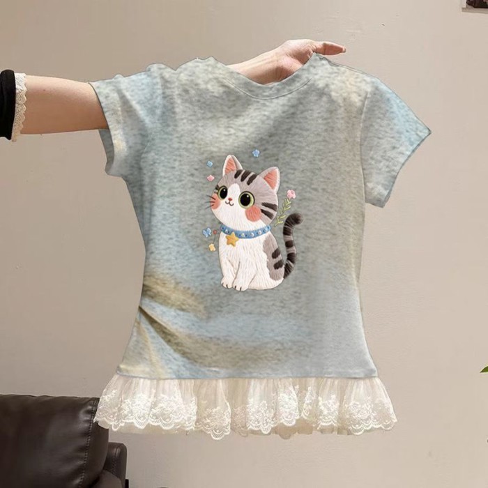Bé Gái Áo Thun Cotton Mùa Hè Ren Mèo Tay Ngắn Phối Ren Phong Cách Mới Phương Tây In Hình Hoạt Hì