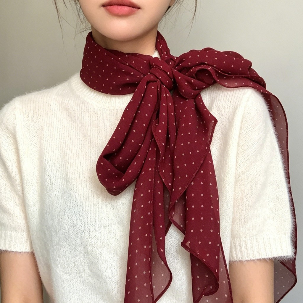 Khăn lụa chấm bi màu đỏ, phong cách mới, dùng làm quàng cổ hoặc băng đô