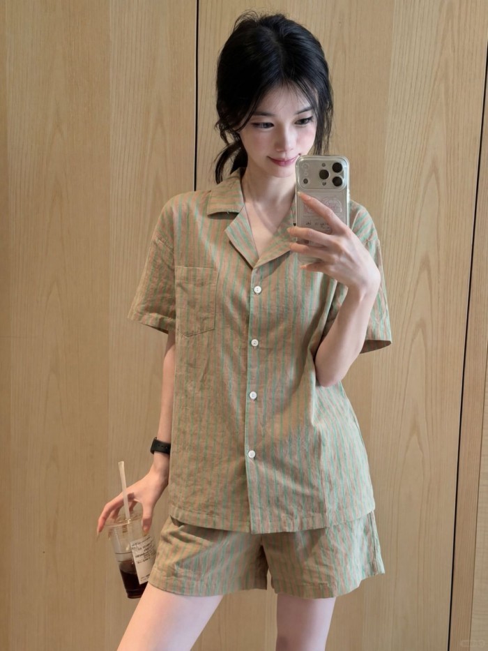 Japanese Style Simple Striped Summer New Cloud Cotton Short-sleeved Pajamas Women's Home Clot