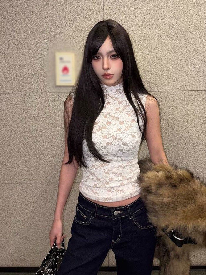 Hot girl Mỹ phong cách ren không tay nửa áo thun cao cổ dành cho nữ màu trắng giảm béo thiết