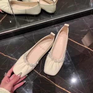 Pháp Retro Flat Nữ Ngọc Trai Mary Jane Vuông Mũi Dẹt Da Mềm Ba Lê Bà Nội Giày