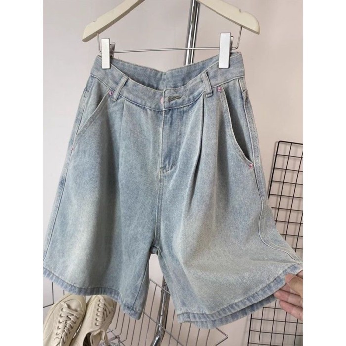 Thời Trang Retro Ống Rộng Quần Short Denim Nữ Mùa Hè Cao Cấp Size Lớn Rời Ôm Vừa Quần