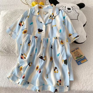 Bộ đồ ngủ bé gái kẻ sọc mùa hè quần short ngắn tay cotton hình đám mây dễ thương in hình dễ thương