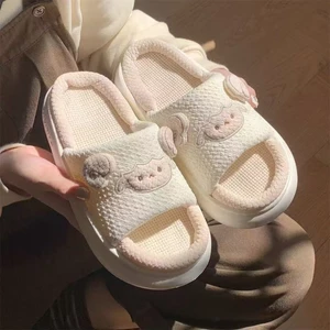 Dép cừu vải lanh phổ thông hoạt hìnhdễ thương và thoải mái cho gia đình tất cả các mùa, chất