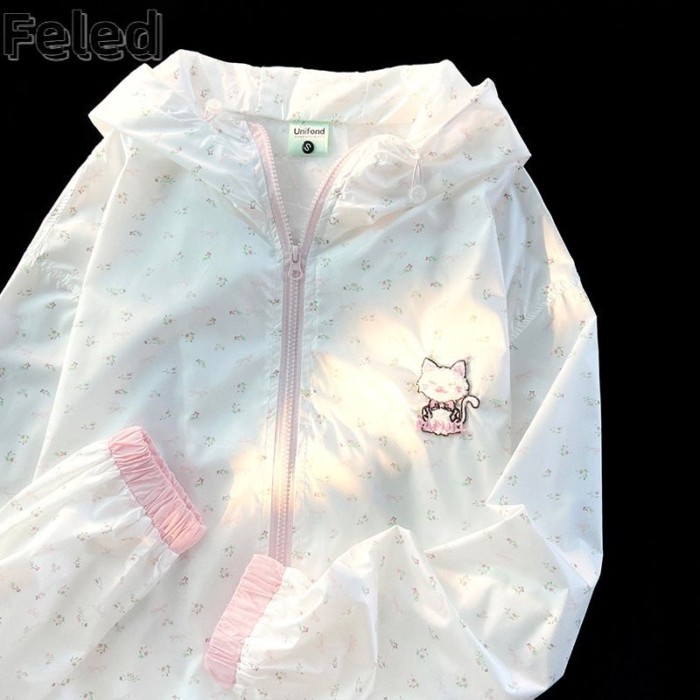 American Cute Floral Sun Protection Jacket For Women Summer Thin Cardigan Women's Hooded High