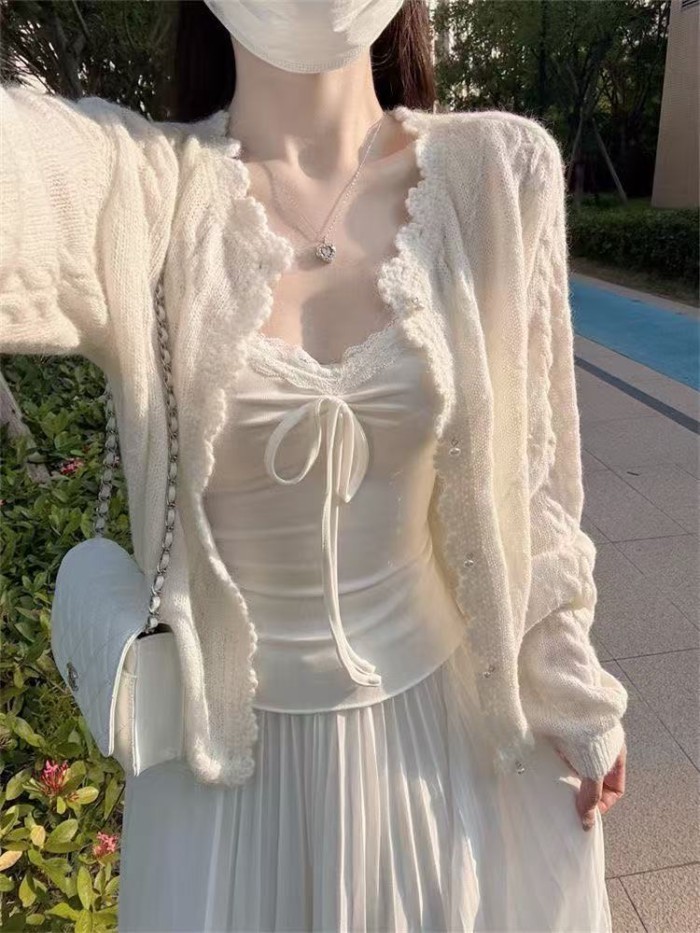 Màu trắng tinh khiết xoắn ngọc trai khóa handmade móc rỗng dệt kim cardigan cổ tròn áo len áo