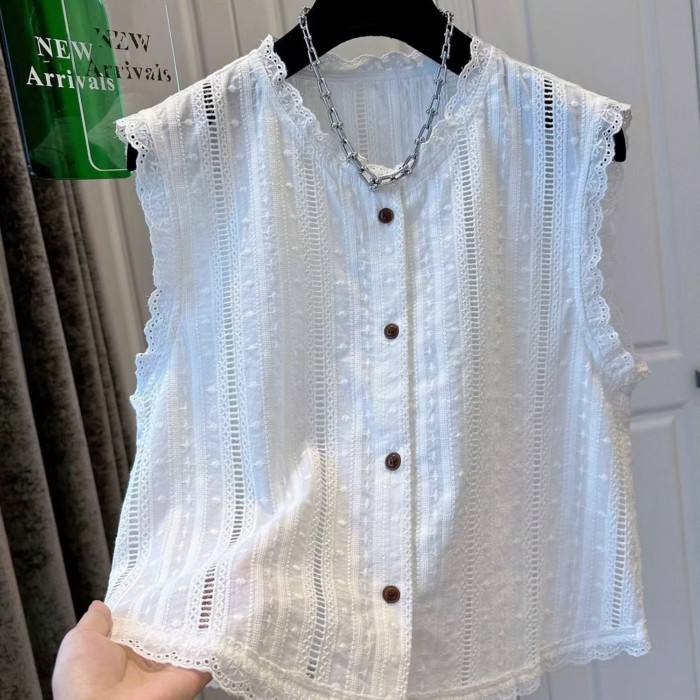 Áo Sơ Mi Nữ Mùa Hè Mới Tính Khí Pháp Plus Size Nữ Rỗng Áo Sơ Mi Ren Áo Không Tay Đa Năng