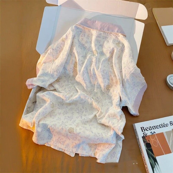 Bộ đồ ngủ cardigan hoa nữ cao cấp của Pháp nữ ngắn tay ren ngọt ngào có thể mặc bên ngoài quầ