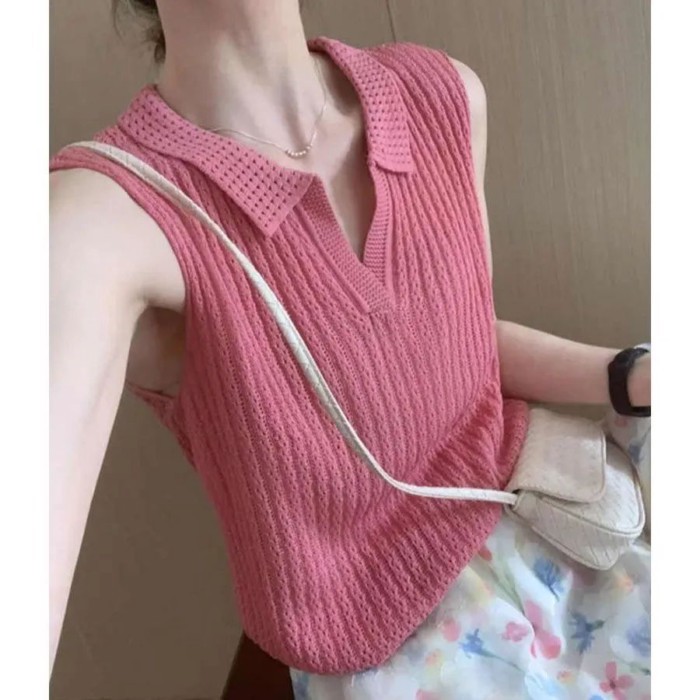 hoa hồng màu hồng cổ polo băng lụa áo vest nữ mùa hè dáng rộng ngắn dệt kim áo thun không tay có