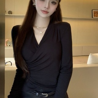 Thời Trang Đơn Giản Màu Trơn Cổ Chữ V Dài Tay Nữ Tính Slim Slim Xếp Ly Đáy Top Mùa Xuân Thu Đông