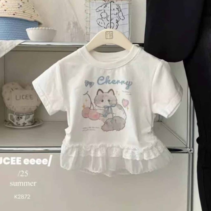 bé gái mùa hè áo phông ngọt ngào và dễ thương mới cổ ren hoạt hình áo cotton ngắn tay thời trang