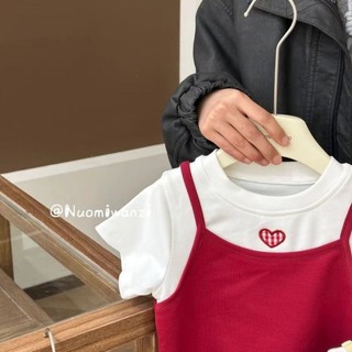 Áo thun cotton nguyên chất giả hai mảnh cho bé gái áo ngắn tay màu tương phản