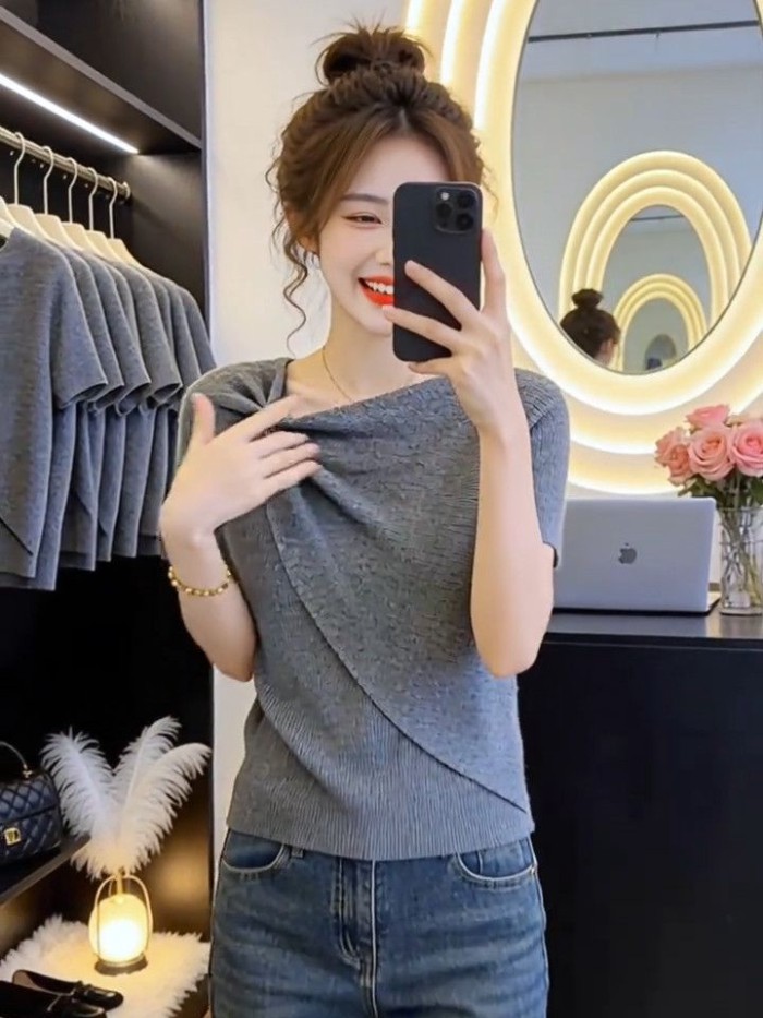 Áo thun dệt kim tay ngắn dáng rộng sang trọng thời trang mùa hè dành cho nữ