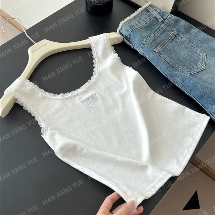 nguyên chất cotton trắng phối ren không tay ôm vừa vặn bên ngoài nơ áo ren treo ngắn