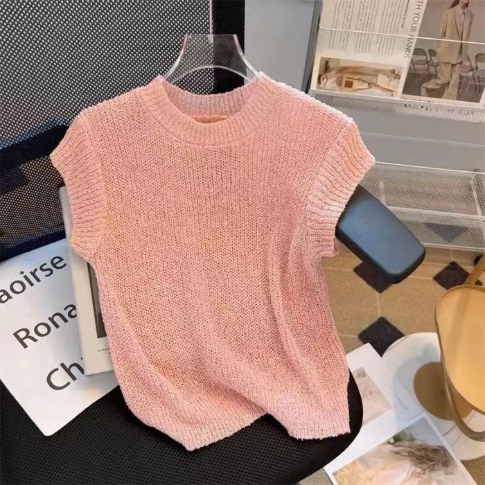 Áo thun mỏng dệt kim ngắn tay phong cách retro mùa hè mới dáng ôm rỗng áo ngắn đế trắng