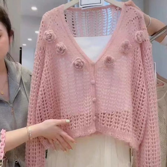 Áo cardigan dệt kim chống nắng dài tay bằng sáp mềm cổ tích hoa ba chiều rỗng cho nữ