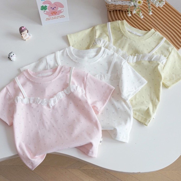 Áo thun ngắn tay bé gái mới, ren in full ngọt ngào, áo thời trang trẻ em Hàn Quốc