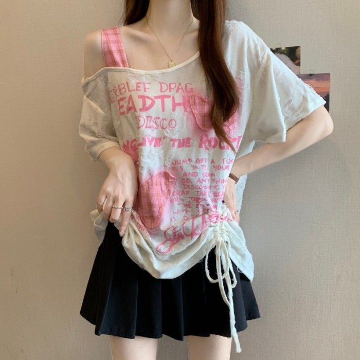 Kích thước lớn lỗ bướm vá áo thun ngắn tay dây rút dành cho nữ mới dáng rộng hàng đầu giảm bé