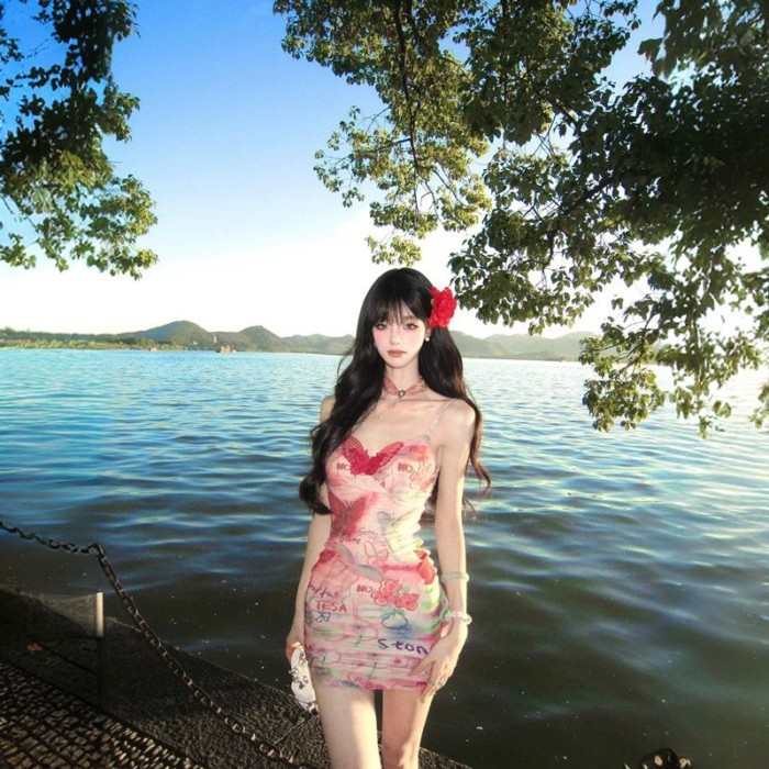 Little Girl Pink Printed Suspender Dress Seaside Vacation Waist Slimming Sexy Hip-hugging Sho