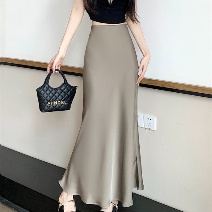 Váy nữ cao cấp, thanh lịch, dài vừa phải, cạp cao, che hông, xếp nếp Váy dài đuôi cá ôm hông chữ A