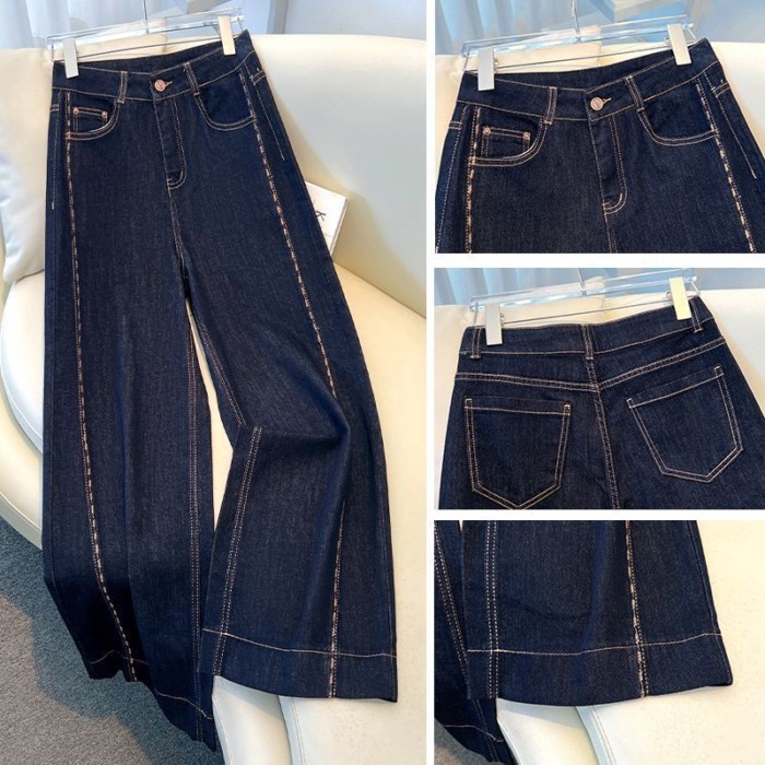 Quần jeans ống đứng màu xanh denim thêu nữ Quần ống rộng Quần chín điểm