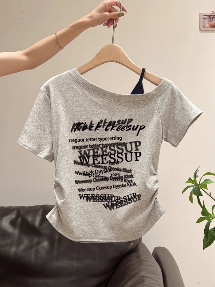nguyên chất cotton vai xéo graffiti áo thun ngắn tay dành cho nữ mùa hè đa năng lộ thông thườ