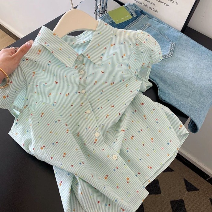 Mùa Hè Ngắn Tay Mỏng Dễ Thương Áo Sơ Mi Nhỏ Mori Phong Cách Cổ POLO Sọc In Đơn Giản Đa Năng Đ