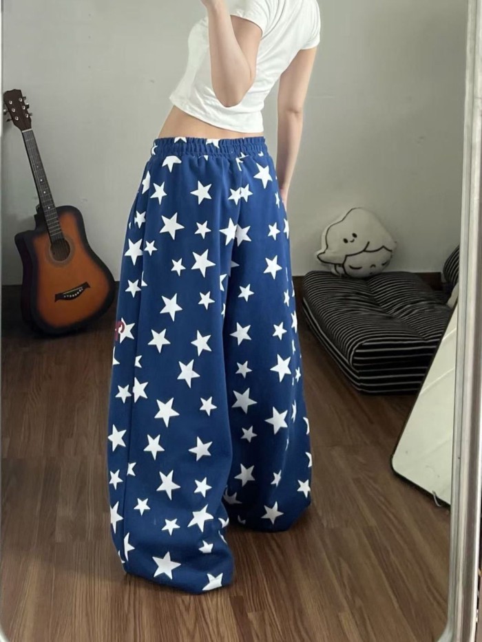Retro American Style Lazy Star Printed Casual Pants For Women Summer New Loose Slimming High