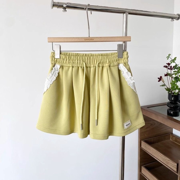 Mùa Hè Phong Cách Mới Phong Cách Hàn Quốc Cổ Đa Năng Phối Ren Nối Lưng Thun Màu Ống Rộng Quần Sh