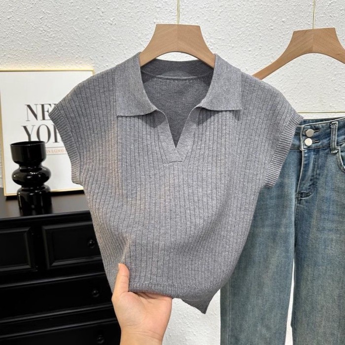 Áo thun dệt kim ngắn tay màu trơn cho nữ mùa thu, áo sơ mi dáng ôm cổ polo, áo sang trọng và phổ bi