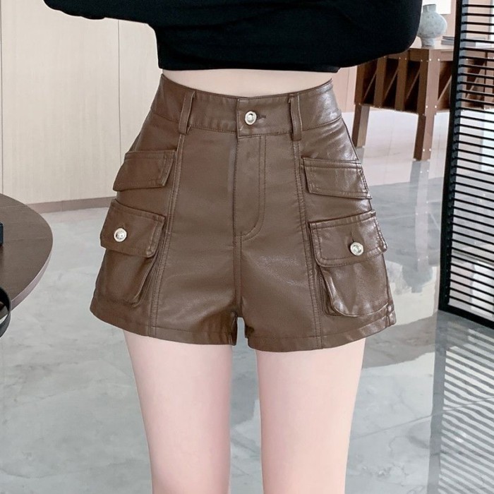 Quần Áo Bảo Hộ Lao Động Da PU Quần Short Nữ Thu Đông Mới Cao Cấp Ôm Đa Năng Chữ A Thường Quần Ốn