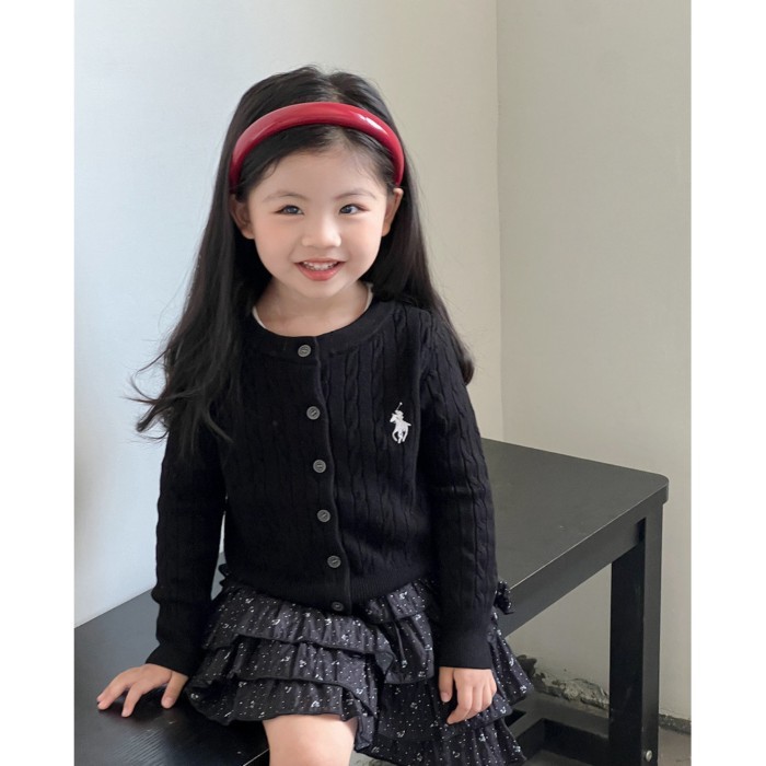 Áo len Hàn Quốc trẻ em, áo cardigan thêu xoắn mới, áo dệt kim dài tay bé gái