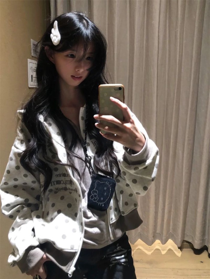 Màu Trơn Có Mũ Trùm Đầu Cho Nữ Mỹ Retro Chấm Bi Áo Rời Dây Kéo Cardigan Cổ Cho