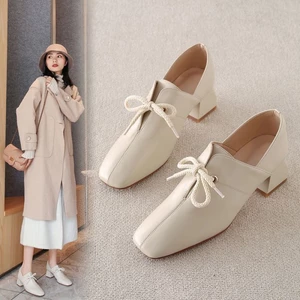 Giày đơn dành cho nữ sinh viên Giày da nhỏ đa năng gót vừa phong cách Hàn Quốc Giày cao gót b
