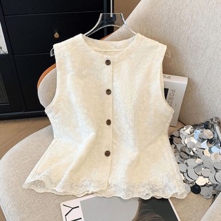 Áo vest thêu ren cổ tròn phong cách Hàn Quốc dành cho nữ mùa hè mới Áo sơ mi vest phong cách rỗn