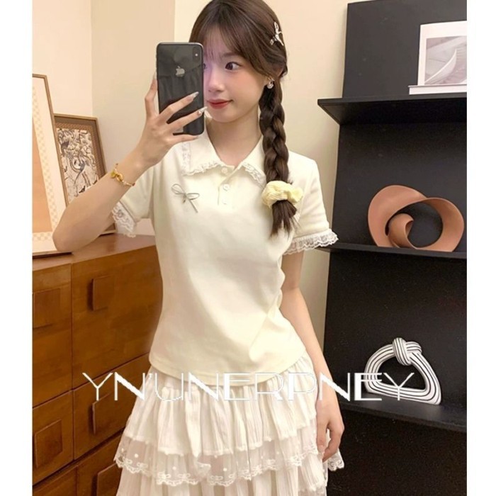 Phong Cách Đại Học Phối Ren Nơ Nối Cổ Polo Tay Ngắn Nữ Mùa Hè Ngọt Ngào Sinh Viên Slim Top